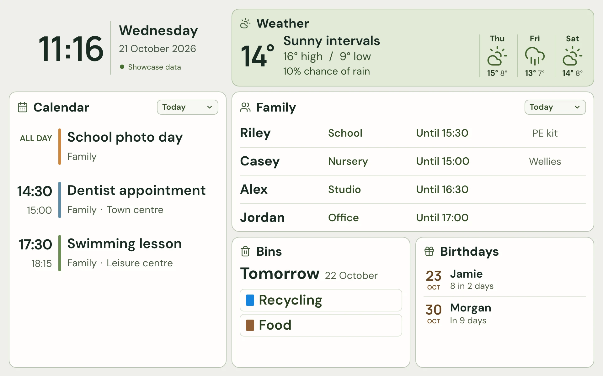 Home Dashboard showing the time, weather, calendar, family schedule, bin collections and birthdays